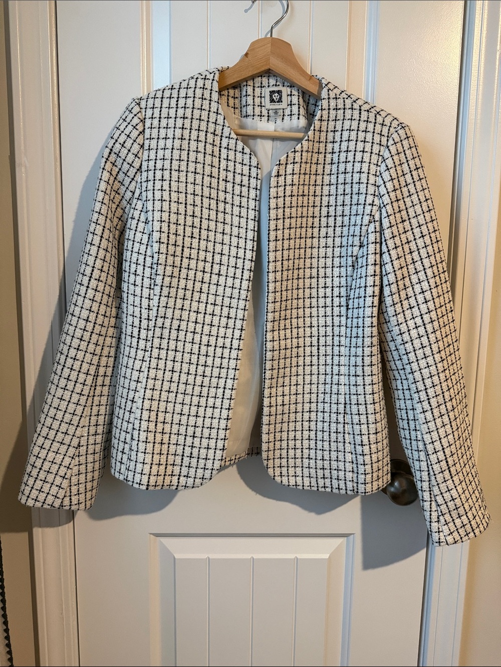 Anne Klein Black and White Tweed Collarless Blazer